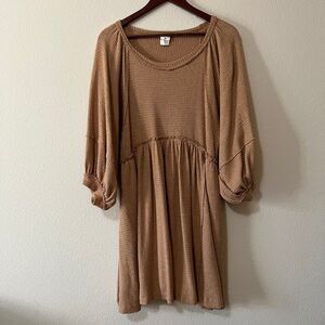 By Together Womens Waffle Knit Long Balloon Sleeve Boho Pockets Dress SZ S